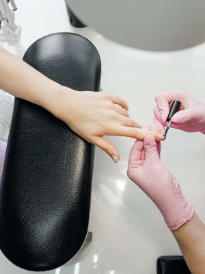 Top view of process of manicure, salon.